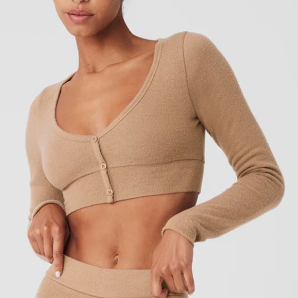 ALO YOGA - ALOLUX CROPPED ME TIME CARDIGAN in Toasted Almond - Picture 1 of 7